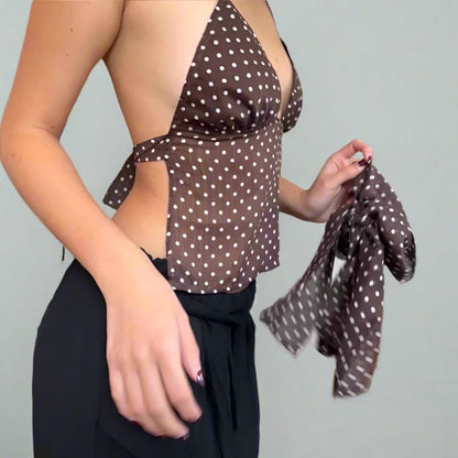 Brown Polk-A-Dot Scarf And V-Cut Halter Top