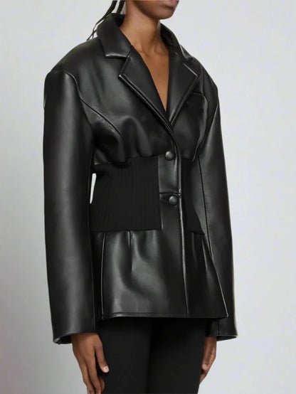 Black Leather Ruched Stomach Blazer