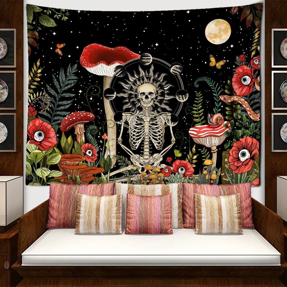 Skeleton In Mushroom Field Tapestry