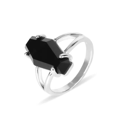 Silver Metal Coffin Black Obsidian Crystal Ring