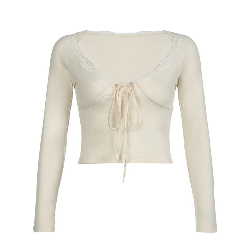 Beige V-Cut Lace Trim Bow Long Sleeve