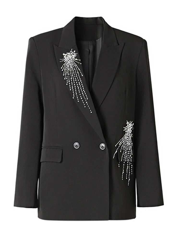 Black Confetti Rhinestone Studded Double Breasted Blazer