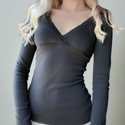 Black Criss-Cross Lace V-Cut Long Sleeve