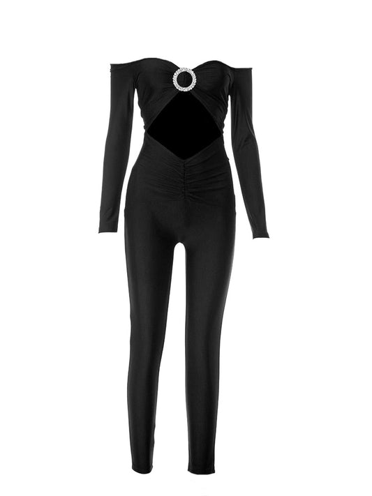 Black Diamond Ring Ruched Hollow Out Off Shoulder Jumpsuit