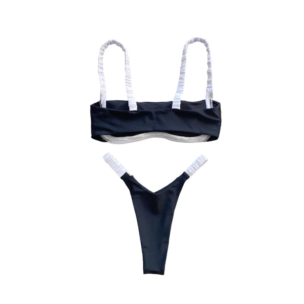 Black Ruched White Trim Bikini