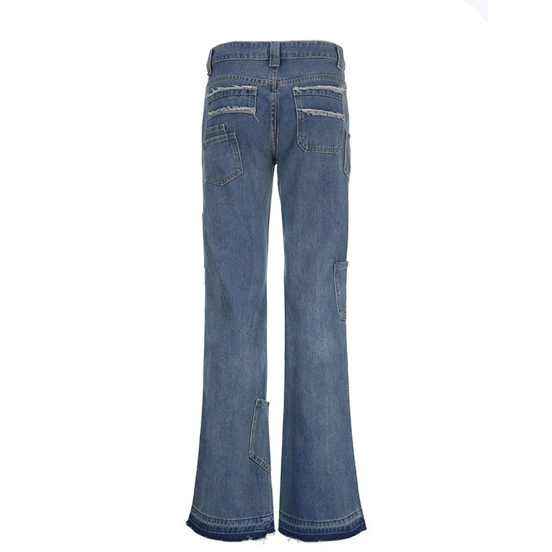 Blue Denim Distressed Cargo Star Low Waisted Flare Jeans