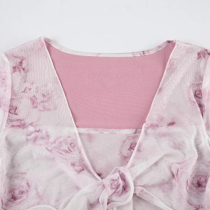 Pink Sheer Floral Print Spaghetti Strap And Fake Cover Up Flare Long Sleeve