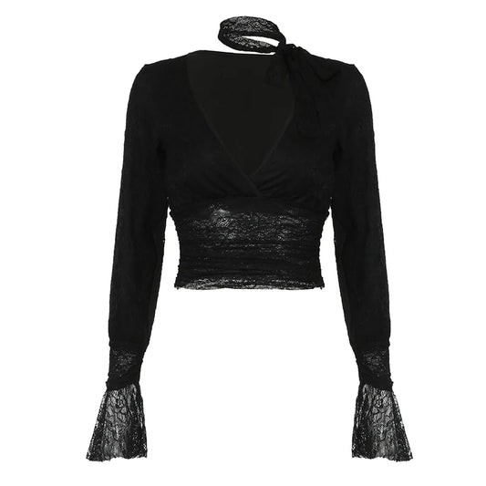 Black Lace Scarf And Deep V-Cut Flare Long Sleeve