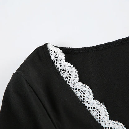 Black Bow V-Cut Lace Trim Long Sleeve