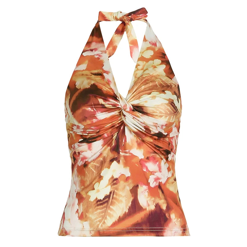 Orange Floral Print Twist V-Cut Halter Top