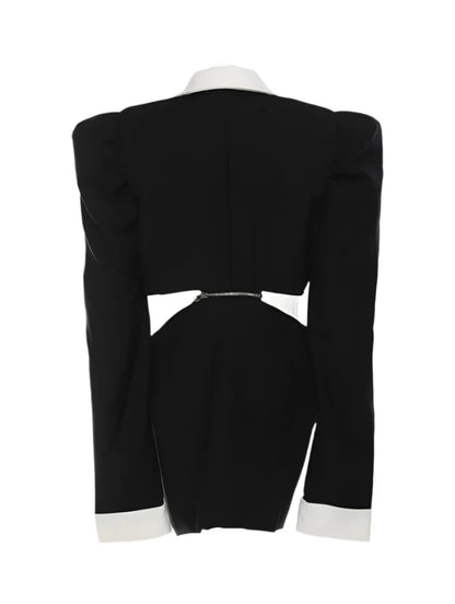 Black Puff Shoulder White Collar Detachable Blazer