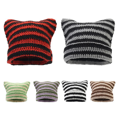 Two Toned Striped Knit Cat Ears Beanie