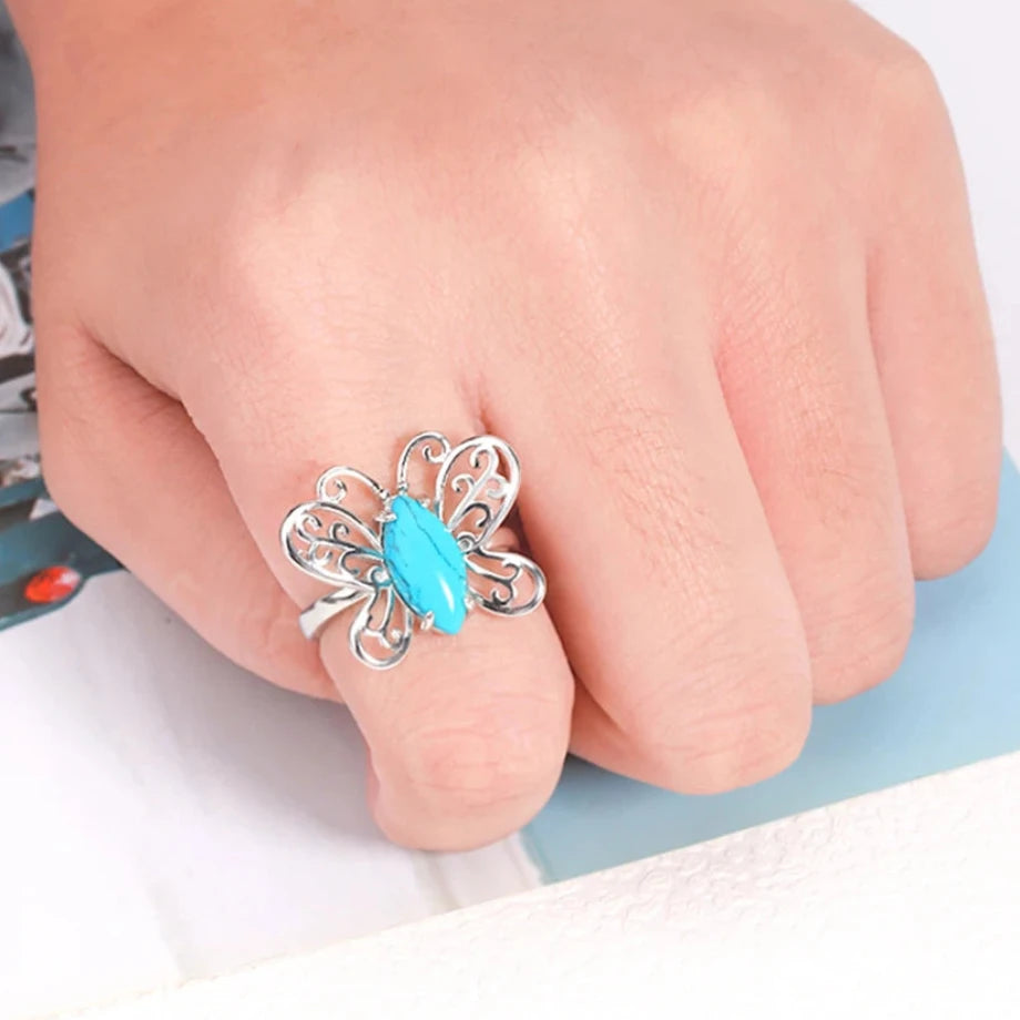 Silver Metal Butterfly Polished Marquise Crystal Ring