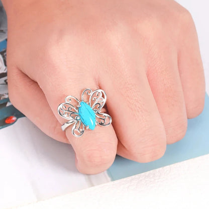 Silver Metal Butterfly Polished Marquise Crystal Ring