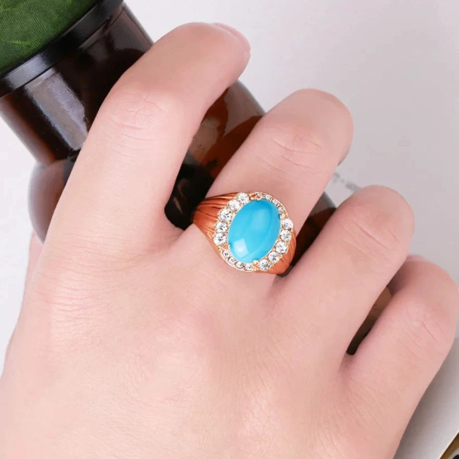 Gold Rhinestone Studded Trim Polished Oval Turquoise Crystal Ring