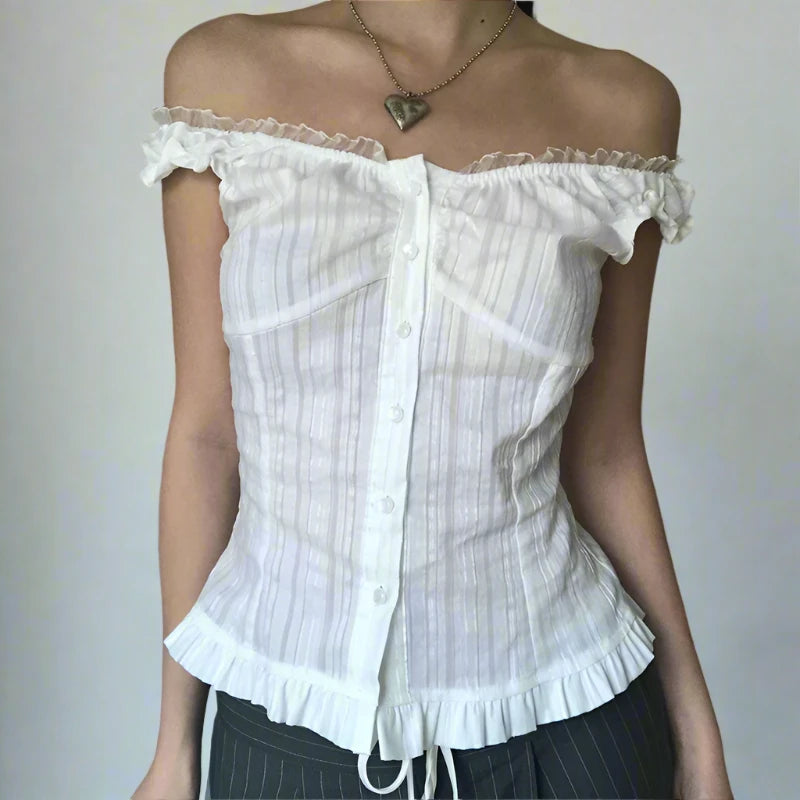 White Ribbed Button Up Ruffle Trim Puff Off Shoulder Short Sleeve