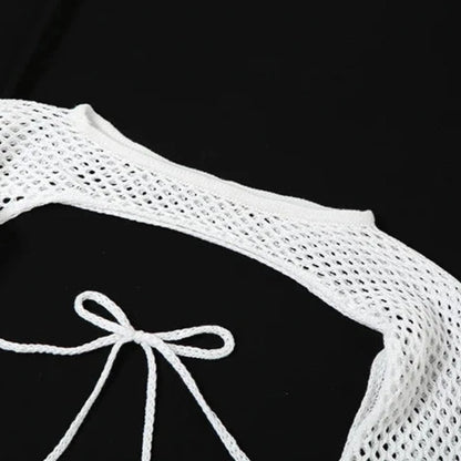 Neutral Crochet Long Sleeve Top + Hollow Out Halter Mini Dress Set