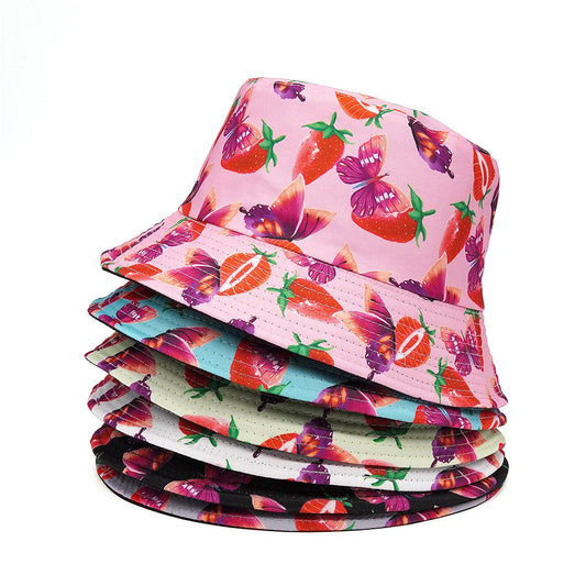 Solid Color Strawberry And Butterfly Print Cotton Reversible Bucket Hat