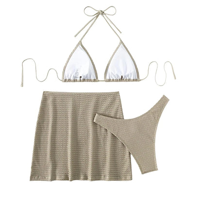 Khaki Ribbed Bikini And Cover Up Skirt Set