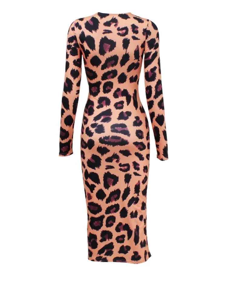 Brown Cheetah Criss-Cross Halter V-Cut Side Leg Slit Long Sleeve Maxi Dress