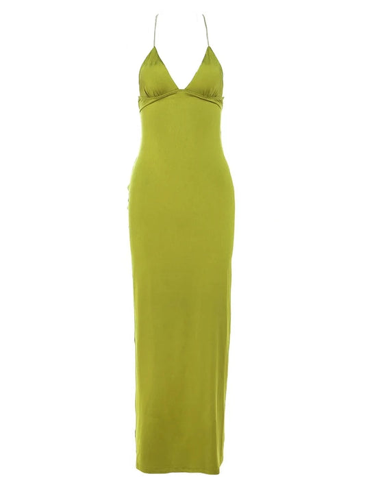 Solid Color Backless Butterfly Halter Maxi Dress