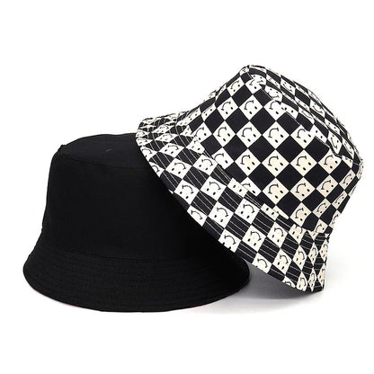 Solid Color Checkered Smiley Face Reversible Bucket Hat