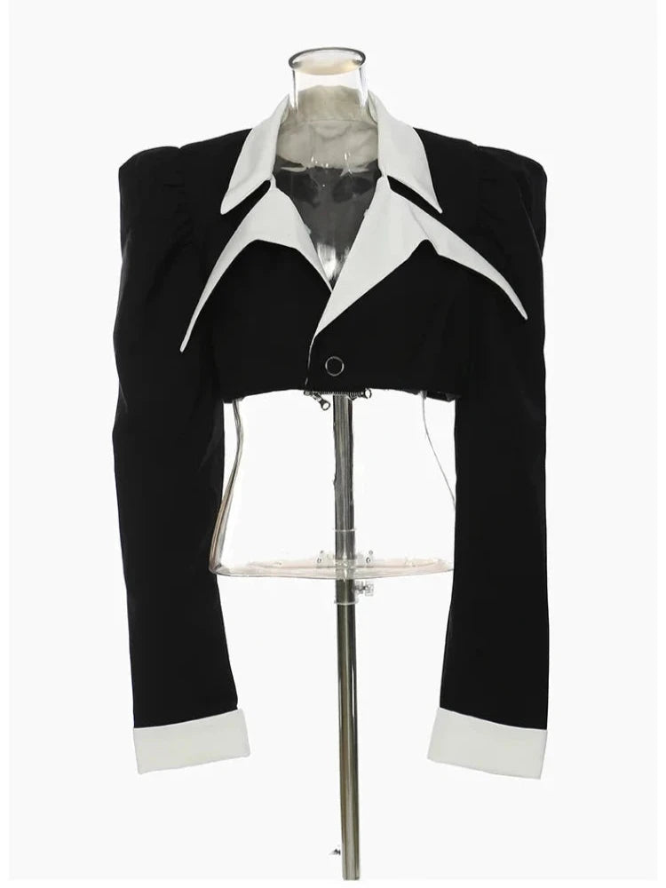 Black Puff Shoulder White Collar Detachable Blazer