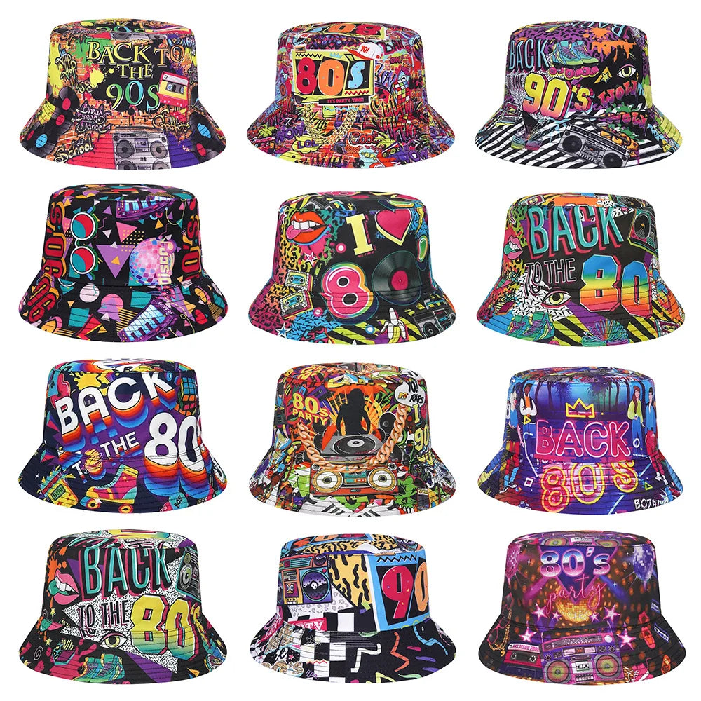 Back To The 80's And 90's Print Cotton Reversible Bucket Hat