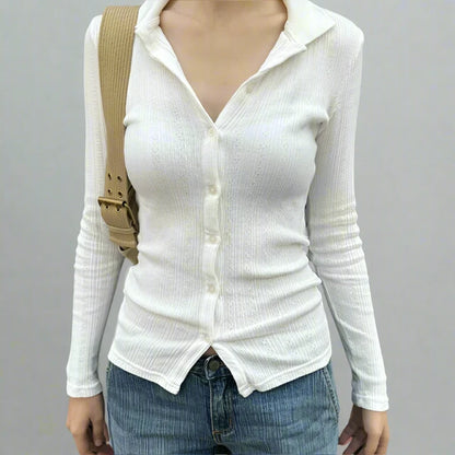 White Knit Ribbed Button Up Long Sleeve