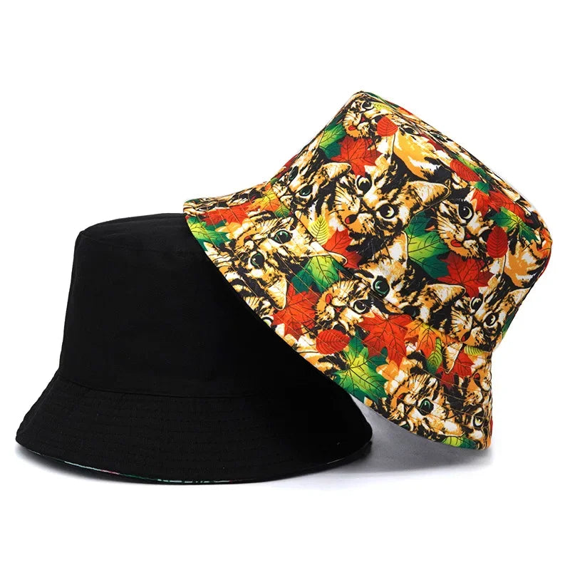 Cat Print Cotton Reversible Bucket Hat