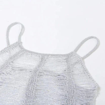 Silver Shimmery Distressed Spaghetti Strap Mini Dress