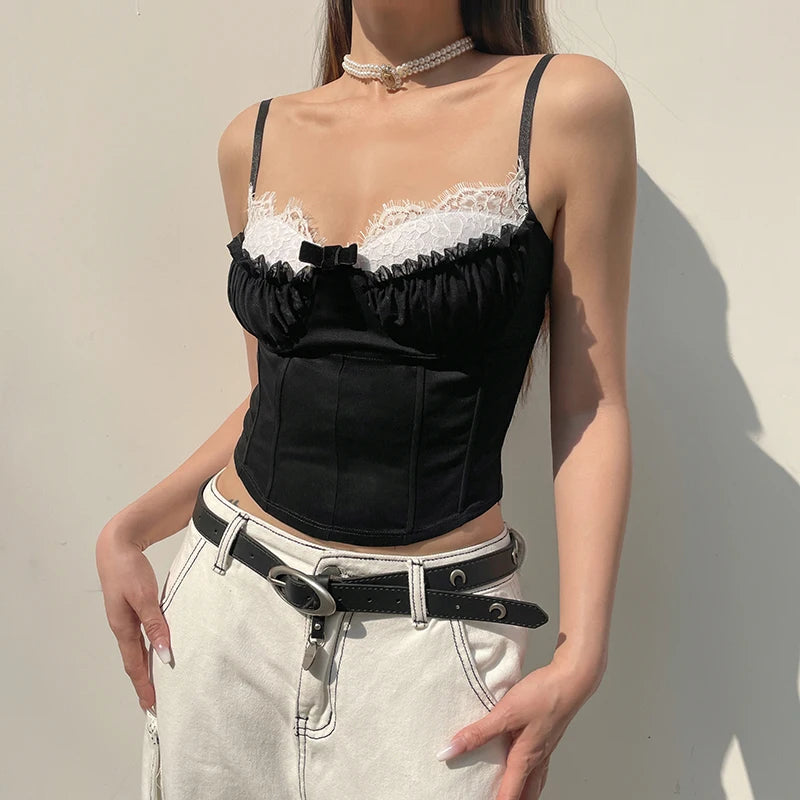 Black Corset White Trim Ruched Bra Spaghetti Strap Top