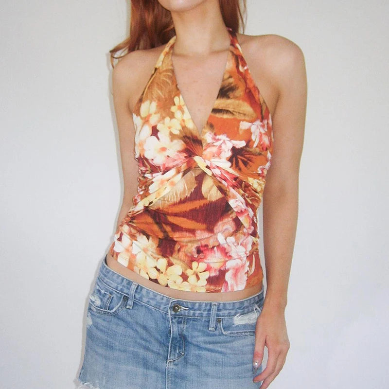 Orange Floral Print Twist V-Cut Halter Top