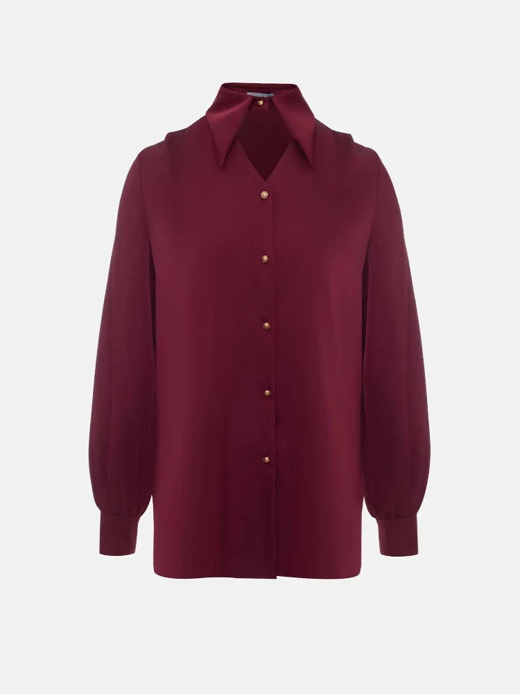 Solid Color Silk Collar Hollow Out Button Up Long Sleeve