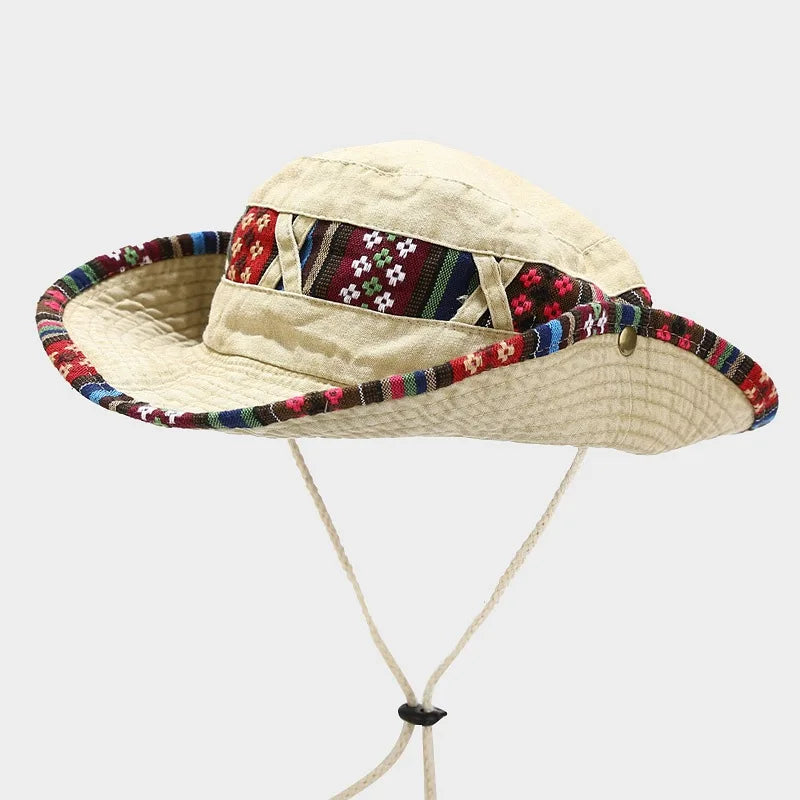 Neutral Washed Out Multicolor Tribal Print Patchwork Cotton Fisherman Bucket Hat