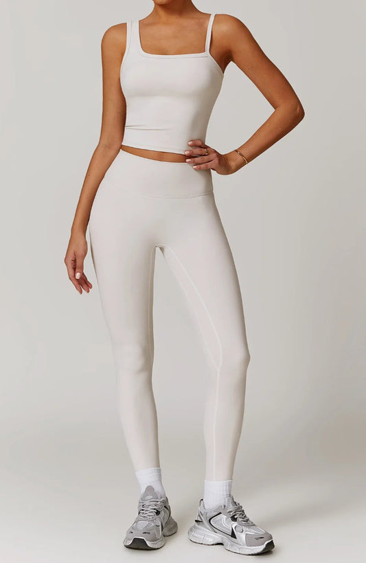 Solid Color Different Size Spaghetti Strap And High Waisted Ruched Booty Legging Set
