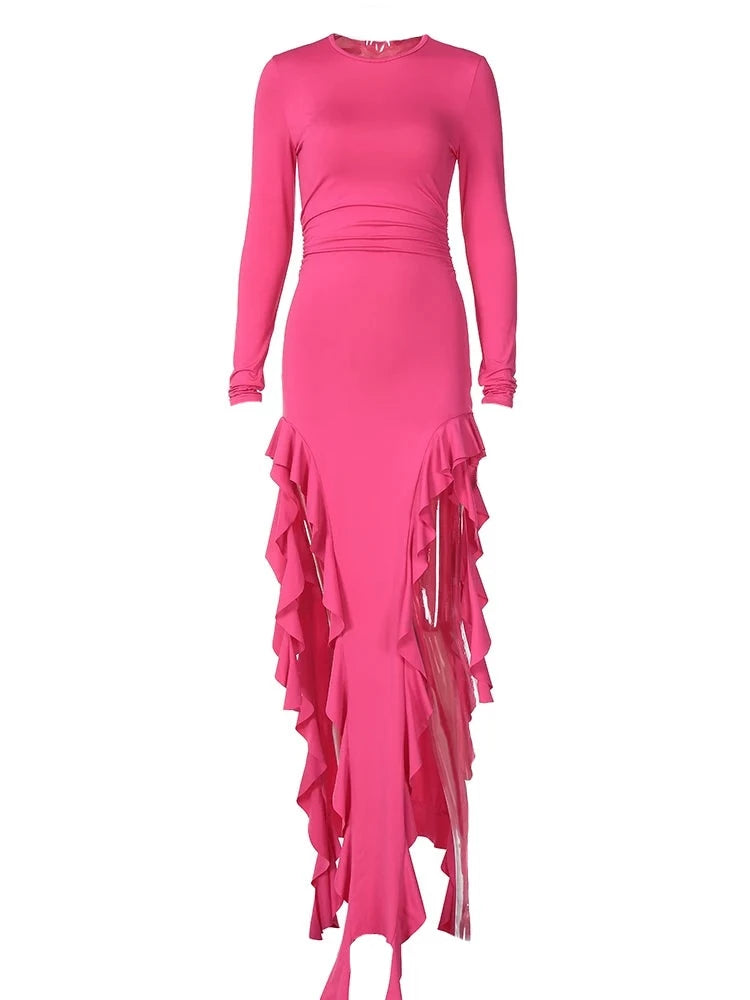 Solid Color Ruffle Tassel Double Side Slit Long Sleeve Maxi Dress