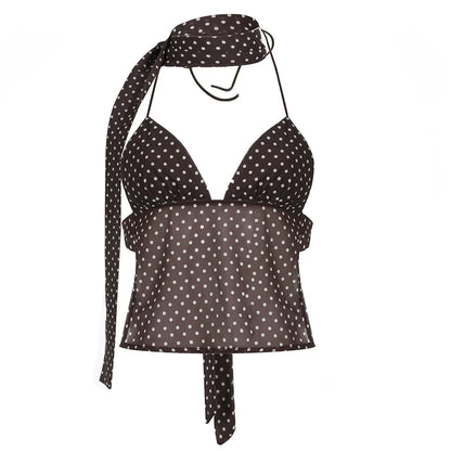 Brown Polk-A-Dot Scarf And V-Cut Halter Top