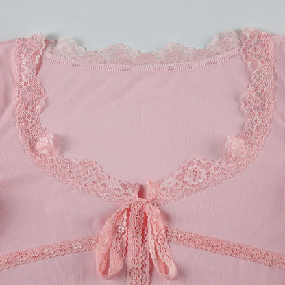 Pink Knit Lace V-Cut Ribbon Bow Long Sleeve