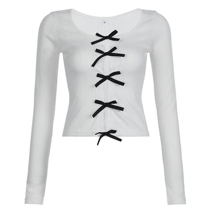 White Lace Black Bow Hollow Out Long Sleeve