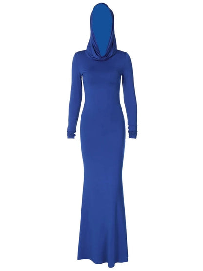 Solid Color Hooded Long Sleeve Maxi Dress