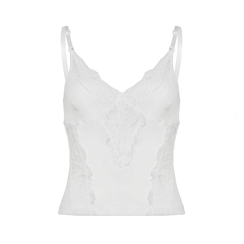 White Peek-A-Boo Lace V-Cut Spaghetti Strap Top