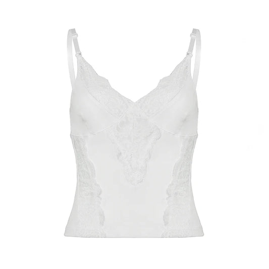 White Peek-A-Boo Lace V-Cut Spaghetti Strap Top