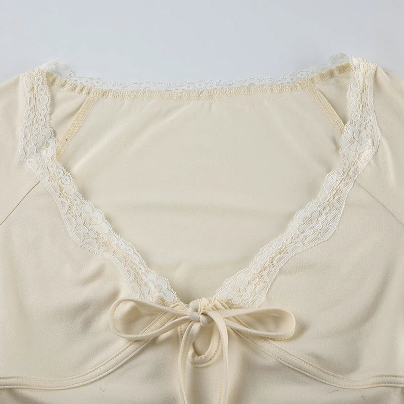 Beige V-Cut Lace Trim Bow Long Sleeve