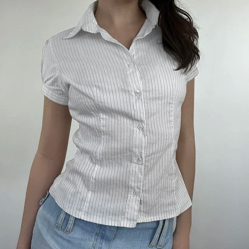 White Stripe Button Up Short Sleeve