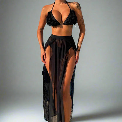 Black 3D Floral String Bikini And Sheer Double Leg Slit Cover Up Skirt Set