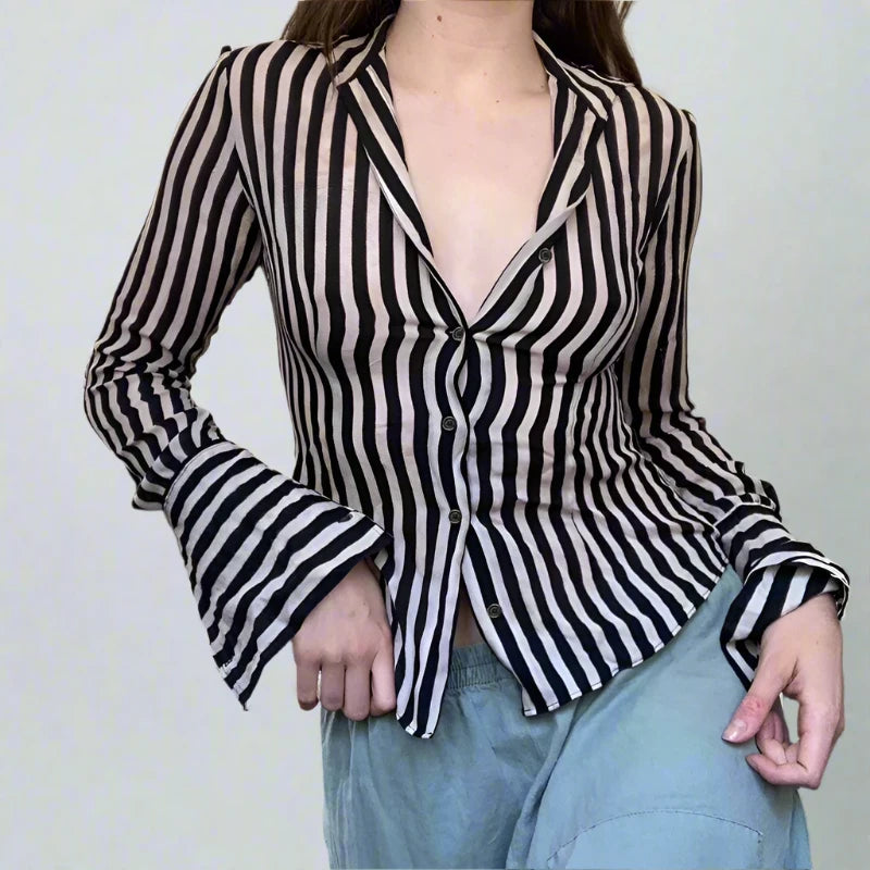 Black And White Stripe Button Up Long Sleeve