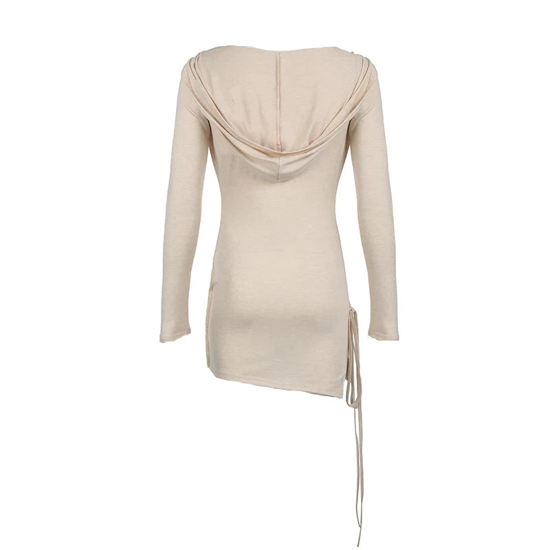 Beige Hooded Deep V-Cut Side Tie Long Sleeve Mini Dress