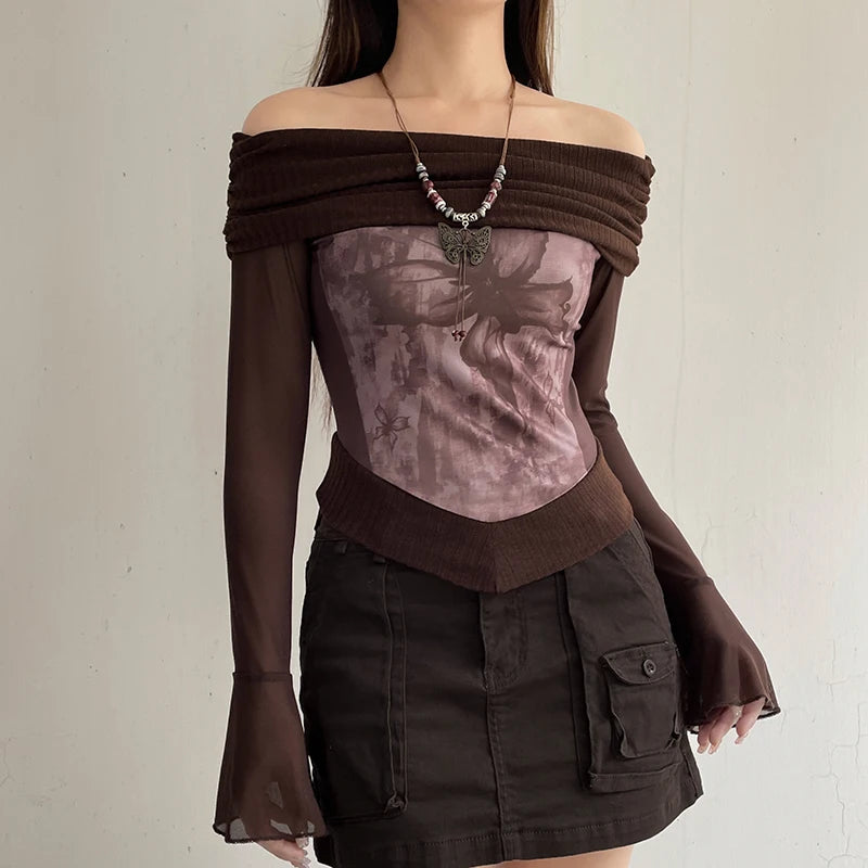 Brown Ribbed Butterfly Roll Over Off Shoulder Sheer Flare Long Sleeve