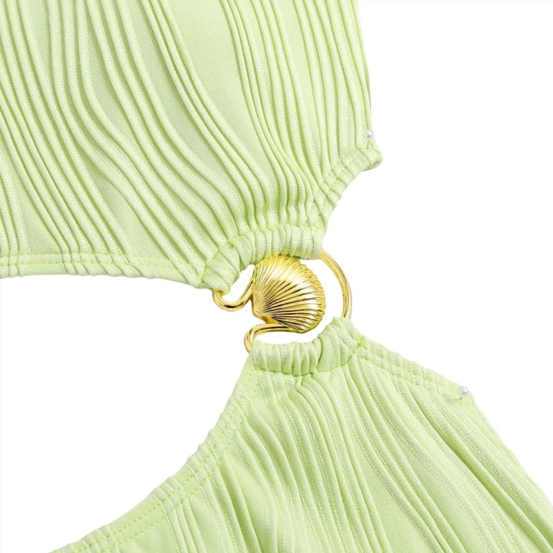 Solid Color Swirl Ribbed Link Hollow Out One Shoulder One Piece